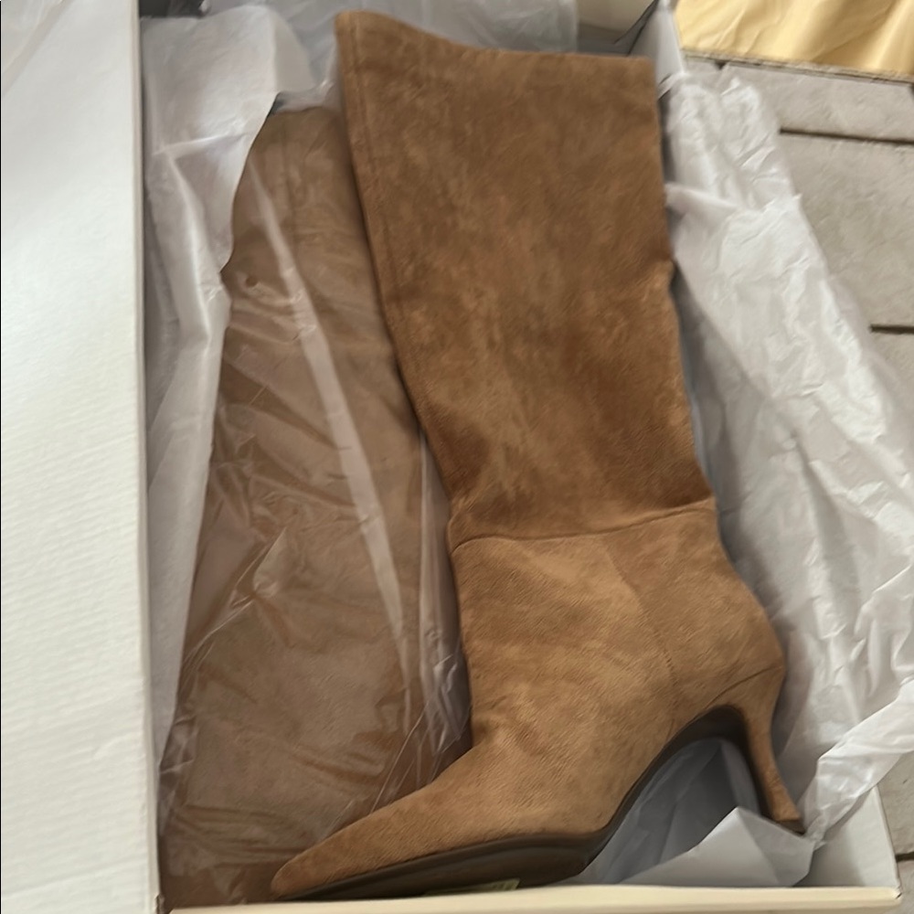 Anne Klein Tan Heeled Boots Suede Mid-Calf